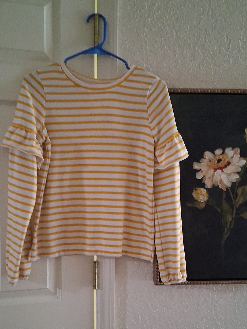 Women's Yellow & White Striped Long Sleeve Ruffle-Sleeve Top
